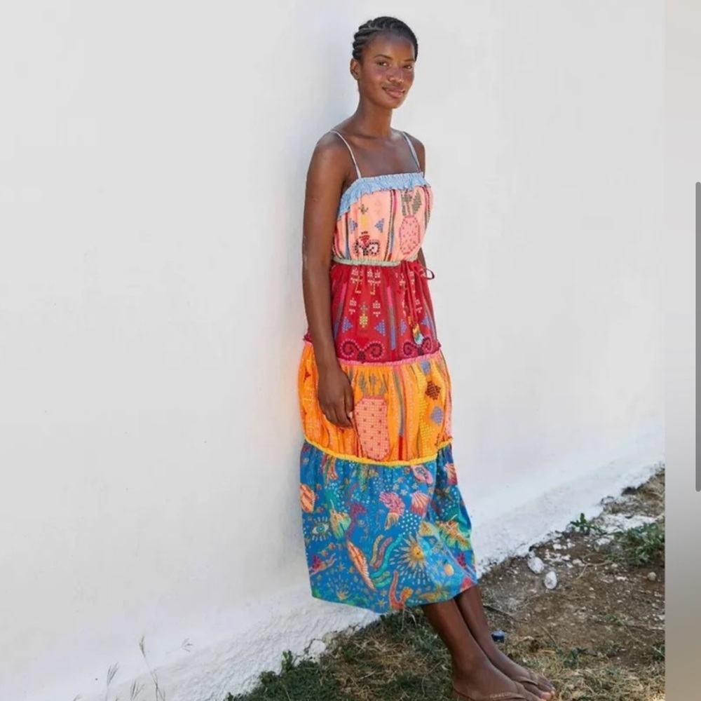 maxi farm rio color blocking embroidered dress size small